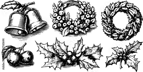 Vintage engraving of bells, wreaths, holly, and cherries. Decorative vector illustration set for festive winter themes.
