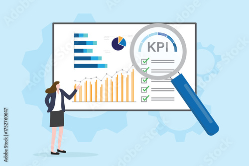 KPI evaluation concept for key performance indicator in the business metrics with infographic, dashboard and graph. Annual evaluation or performance review vector illustration flat design