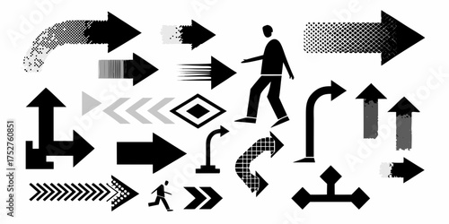 Collection of diverse arrow shapes and a walking person silhouette on a white background