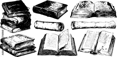 Vintage books and scrolls with hand-drawn engravings in a classic style. This set presents literature and history in a detailed vector illustration.