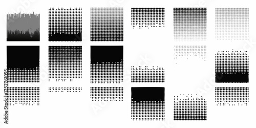 Abstract collection of grayscale and black and white dot patterns and gradients with fading effects