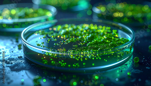 Laboratory Microbes: In the sterile confines of a scientific lab, petri dishes cradle flourishing colonies of vibrant green microbes.