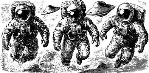 Astronauts in vintage engraving style, depicted in black outline. Represents space exploration and UFOs in a vector illustration set.
