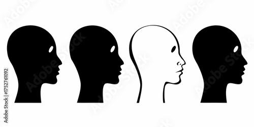 Four silhouettes of human heads in profile facing right with one contrasting white head