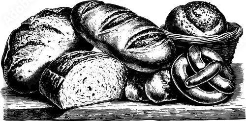 Vintage bread illustration featuring a variety of baked goods, including loaf, baguette, pretzel, and rolls in a basket. Perfect for culinary vector art set.