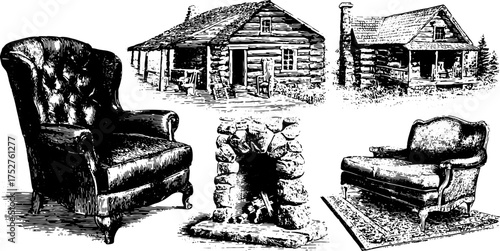 Antique furniture set vector illustration featuring a cabin, chairs, and a fireplace. Hand-drawn, vintage elements create a cozy home atmosphere.