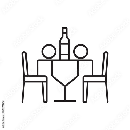 Elegant Dining Table Setup with Wine Bottle and Two Chairs Illustration Simple Restaurant or Home Design