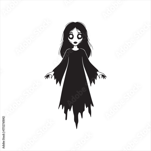 Silhouette of a Cartoon Ghost Girl with Flowing Hair and Tattered Dress an Eerie and Spooky Halloween Illustration