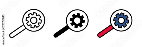 Search engine optimization icon search icon with gear icon stroke, filled and colored concept for web design.