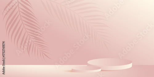 Cosmetic background for product, branding and packaging presentation. geometry form square molding on podium stage with shadow of leaf background. vector design.