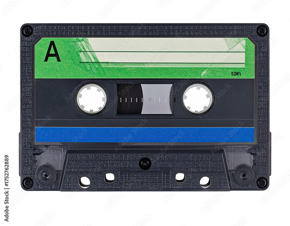 Fototapeta premium Vintage audio cassette tape with a blank label and green stripe