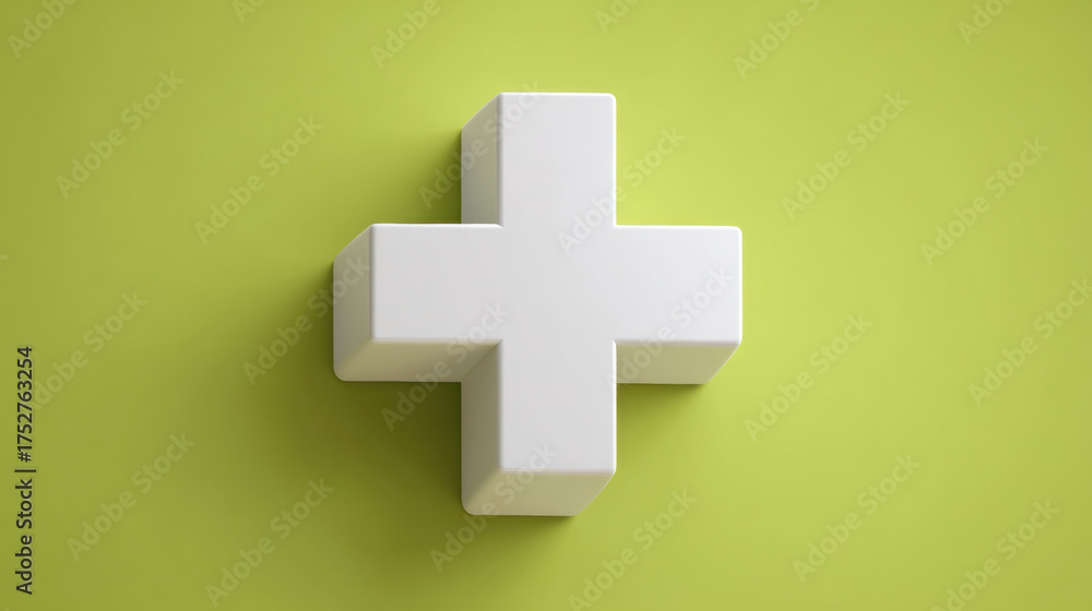 Obraz premium Medical Plus Sign, A minimalist 3D icon of a clean, white medical plus sign. Isolated on a seamless, solid light green background. Health and wellness symbol. 