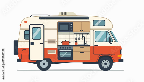 Camper van illustration with an interior kitchen cutaway. Flat design motorhome vector for travel and road trips. Van life concept graphic