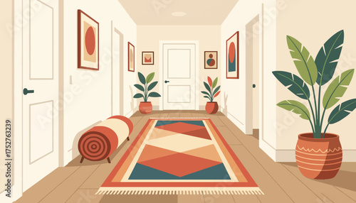 Modern home hallway interior with plants and a rug. Cozy flat design vector illustration. Home decor and interior design concept