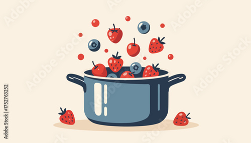 Fresh berries cooking in a pot for homemade jam. Stylized flat design illustration. Vector graphic for culinary concepts