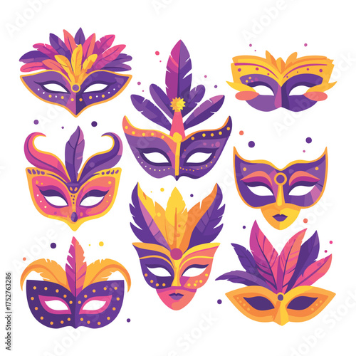 Vector illustration set of traditional Venetian carnival masks featuring intricate gold and black designs, perfect for a masquerade party or theater costume decoration