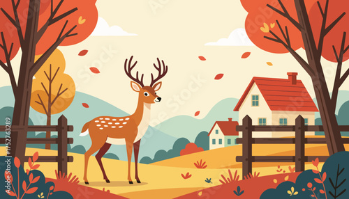 A deer in an autumn landscape illustration. Flat design vector of a rural countryside scene with a village. Fall season concept with trees and falling leaves