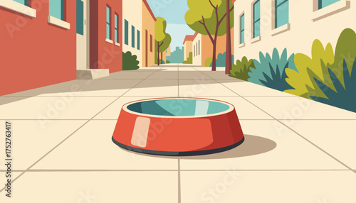 An empty pet bowl on a city street. Cartoon flat design vector illustration. Lost, stray, and abandoned animal concept