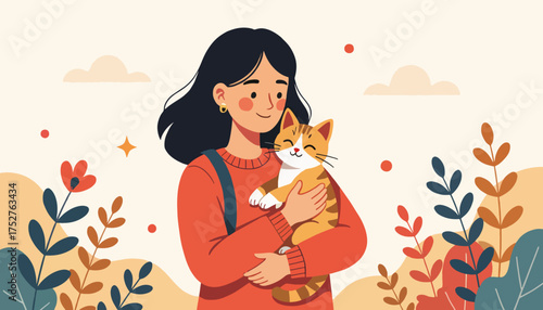 A young woman holding a happy cat in her arms. Flat design vector illustration of pet ownership. The concept of love, care, and companionship with an animal