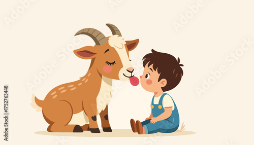 A cartoon goat licking a little boy. Farm animal and child friendship concept. Flat vector illustration