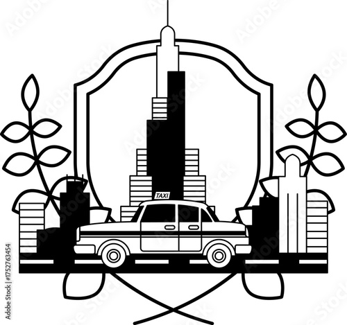 black and white logotype of Taxis driving through the city