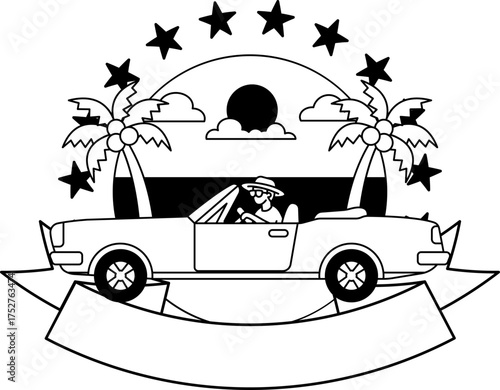 black and white logotype of Convertible sports car on the beach