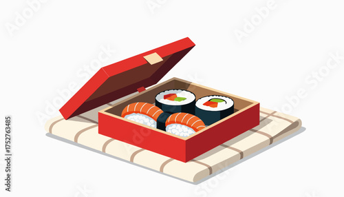 Isometric sushi bento box illustration. Japanese food set with salmon nigiri and maki rolls. Flat design vector graphic for a restaurant menu