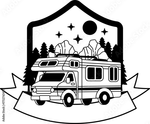 black and white A camper van in the woods