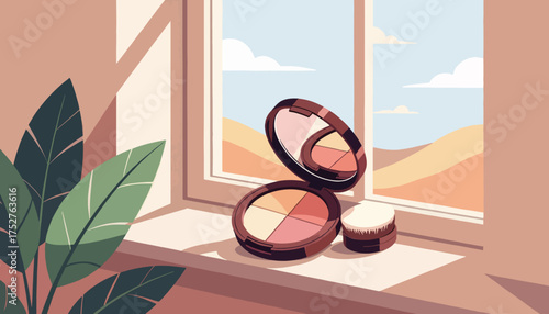 Makeup compact on a windowsill with a view. Flat design vector illustration. Beauty, cosmetics, and self-care concept