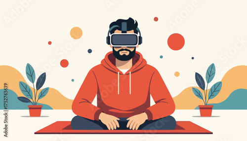 Man meditating with a VR headset in a yoga pose. Modern flat design vector illustration. Digital wellness and mindfulness technology concept