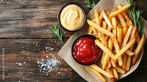 Golden Crispy French Fries with Ketchup and Dip on Wooden Table.