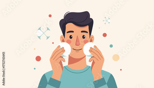 Man cleaning his face with cotton pads for a skincare routine. Flat design vector illustration of men's grooming and self-care. Personal hygiene and beauty concept graphic.