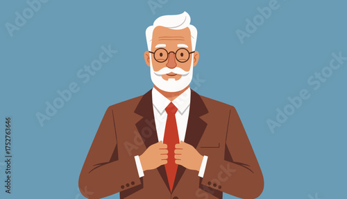 Portrait of a senior professional man in a suit. Flat design vector character illustration. Elderly businessman or professor avatar