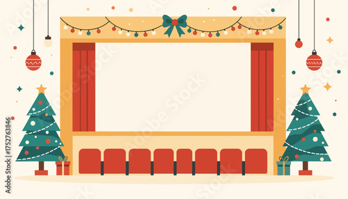 Christmas movie theater stage illustration. Holiday cinema event background with a blank screen for copy space. Festive flat design vector graphic