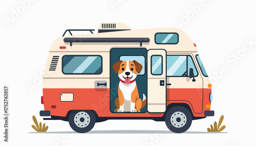 A happy dog sitting in a vintage camper van. Pet-friendly travel and road trip concept. Flat design vector illustration isolated on white background