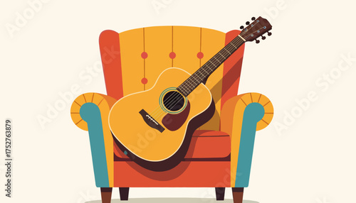 Acoustic guitar resting on a retro armchair. Flat design vector illustration. Music hobby and home comfort concept
