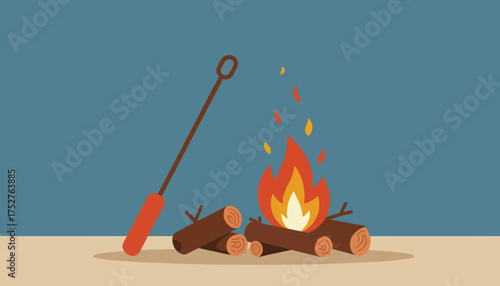 A flat design illustration of a campfire. Outdoor camping and adventure concept with a bonfire and logs. Simple minimalist vector graphic