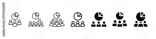 Collection of group and team pie chart icons, business team analytics, people statistics, teamwork data symbols, outline and filled styles