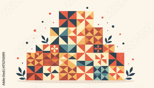 Abstract geometric mosaic pattern background. Flat design vector illustration with retro colors. Decorative tile composition with pyramid shape and leaves
