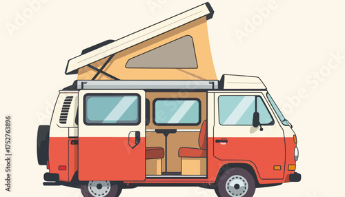 Vintage camper van illustration. Flat design vector of a classic motorhome for road trips. Travel, camping, and van life concept