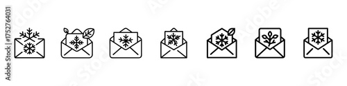Set of holiday and seasonal greeting icons, winter and festive envelope symbols, Email Gift and Holiday Greeting Line Icons Vector Set – Festive Mail, Eco Envelope, Seasonal Message for Marketing
