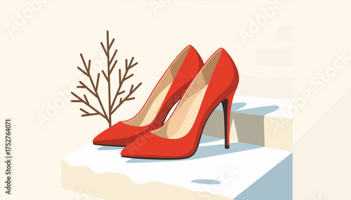 Red high-heeled shoes in the snow. Winter fashion and holiday style concept. Flat vector illustration