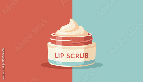 A vector illustration of a cosmetic lip scrub jar. Modern flat design graphic for beauty and skincare. Self-care and exfoliation product concept