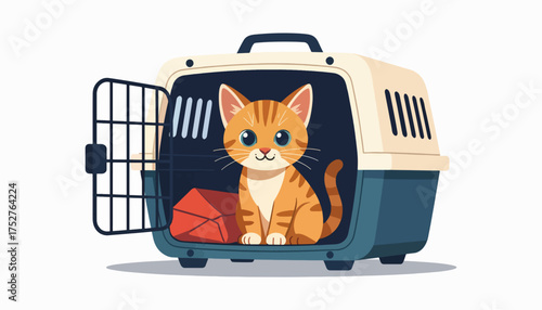 Cat sitting inside a pet carrier with a red toy inside  