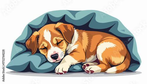 A cartoon puppy sleeping on a cushion. Adorable dog character resting peacefully. Vector illustration isolated on a white background