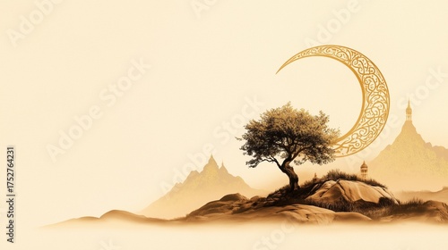 Golden Crescent Moon in a Dreamy Abstract Landscape