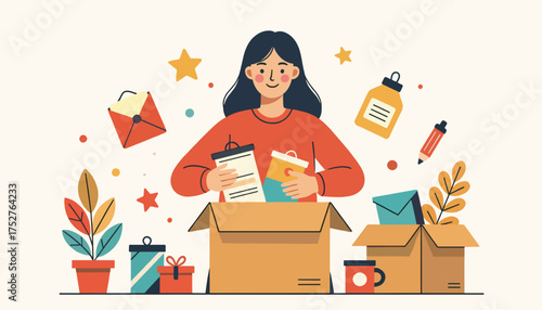 Young woman unpacking boxes and organizing items at home  