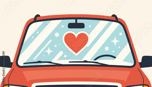 Red car front windshield with heart decoration and star patterns  