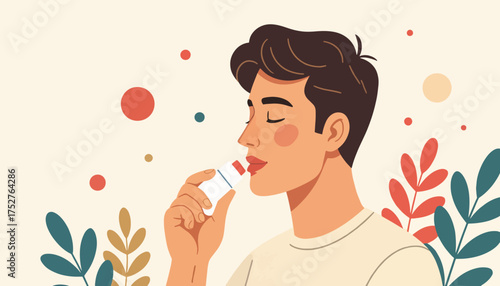 Young man taking medication while surrounded by colorful leaves  