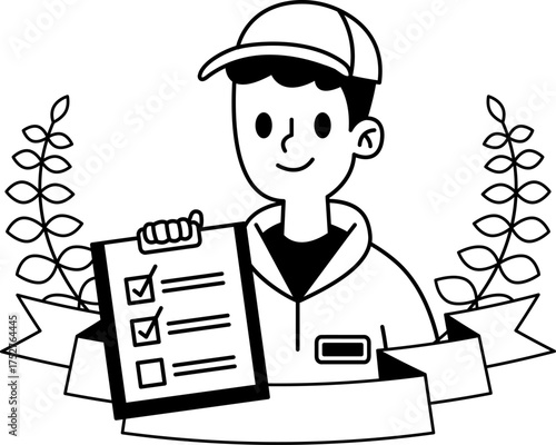 black and white logotype of Delivery man holding a clipboard